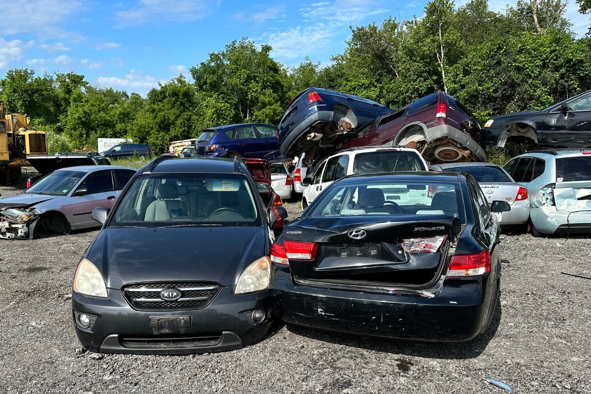 Scrap Car Removal Laws Across Canadian Provinces scrap car removal - two cars standing in a scrapyard for for recycling